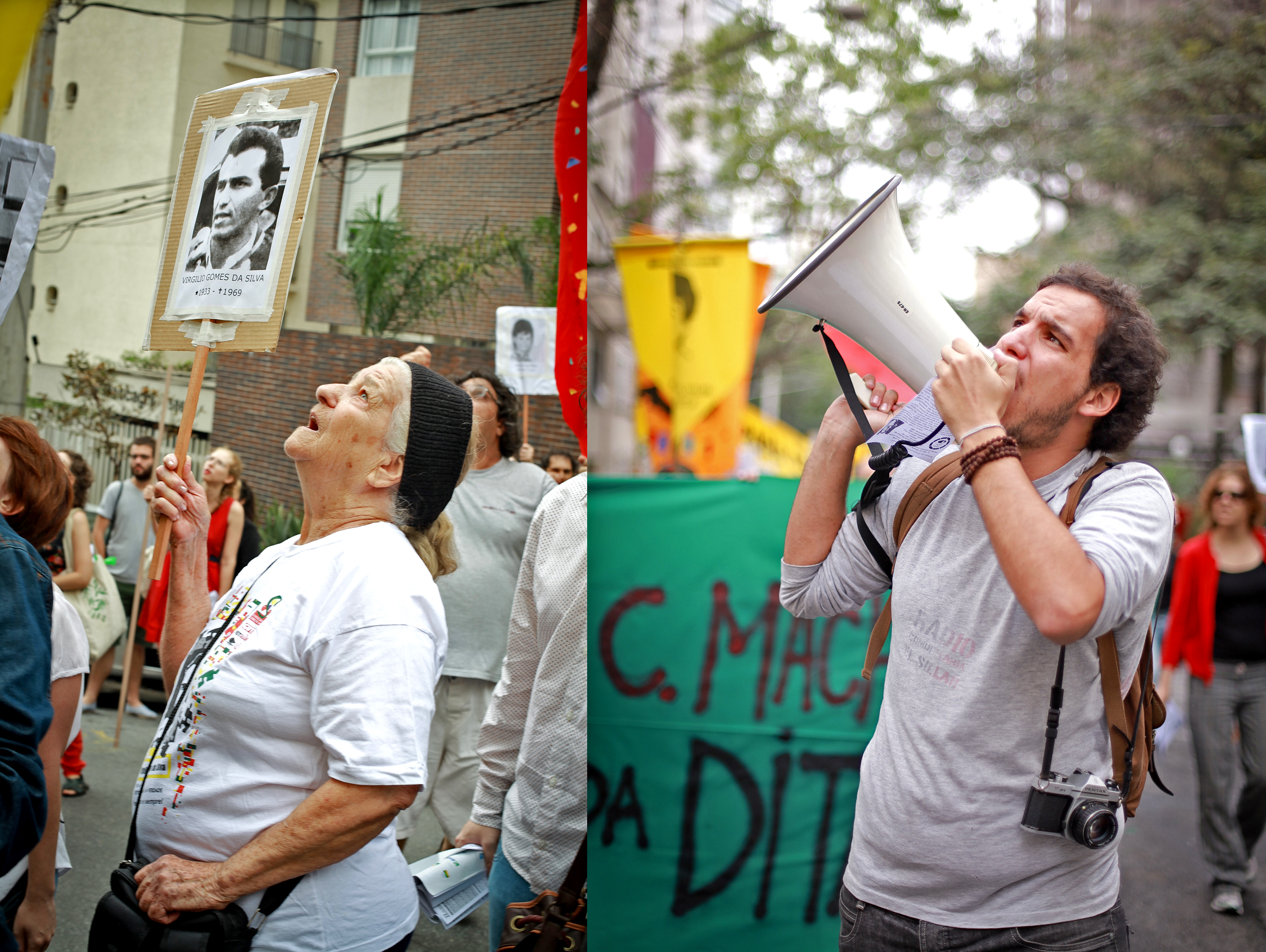 D. Hilda, viúva do desaparecido Virgílio Gomes da Silva (Jonas), na manifestação da Frente de Esculacho Popular contra o torturador Homero César Machado, em 22/10/2013. Foto Peu Robles.